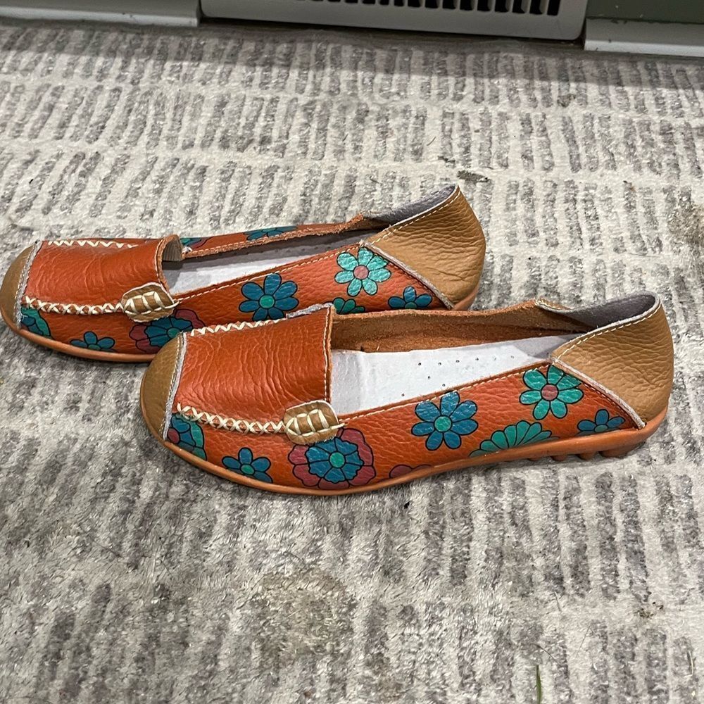 Comfortable Leather Floral Print Flats Casual Driving Loafer Shoes Orange Sz 36
